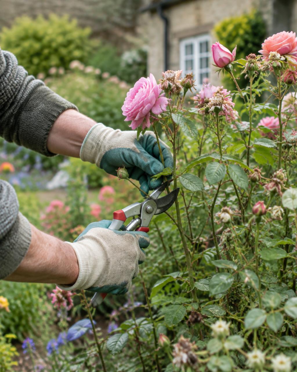 Gardener pruning roses in a Sheffield cottage garden