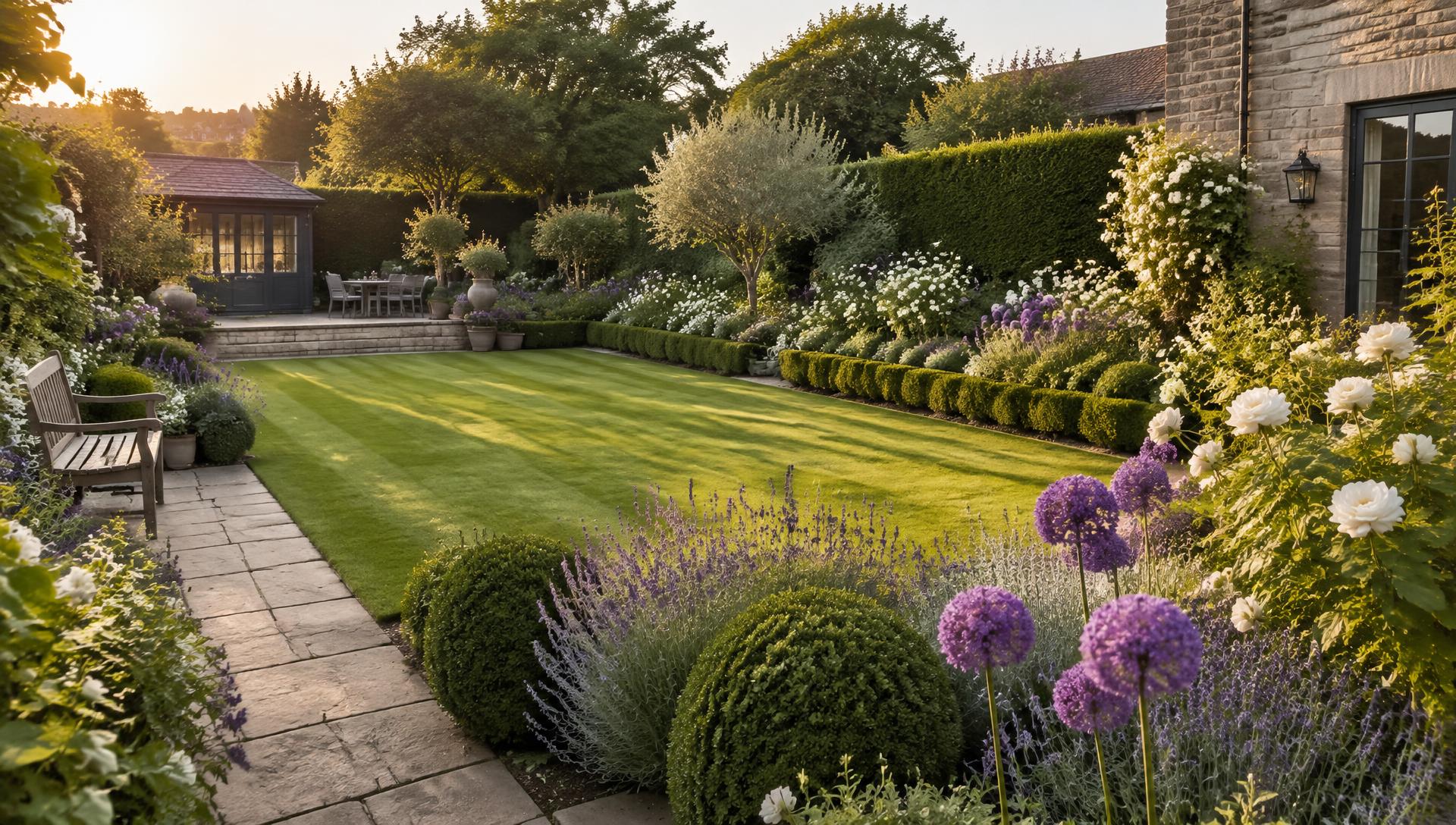 Beautifully maintained English garden with striped lawn and lavender borders
